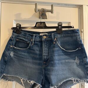 Good American Distressed Raw Hem Denim Shorts - Dark Blue